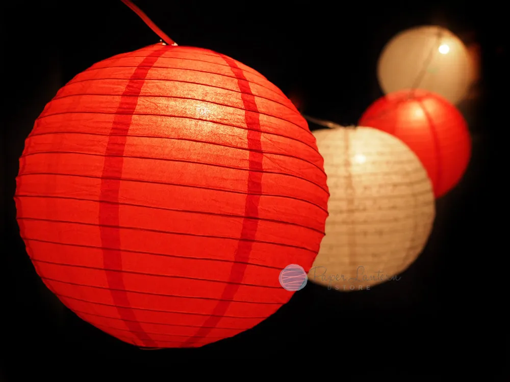 12" Valentine's Day Red / White Lace Paper Lantern String Light COMBO Kit (21 FT, EXPANDABLE, White Cord)